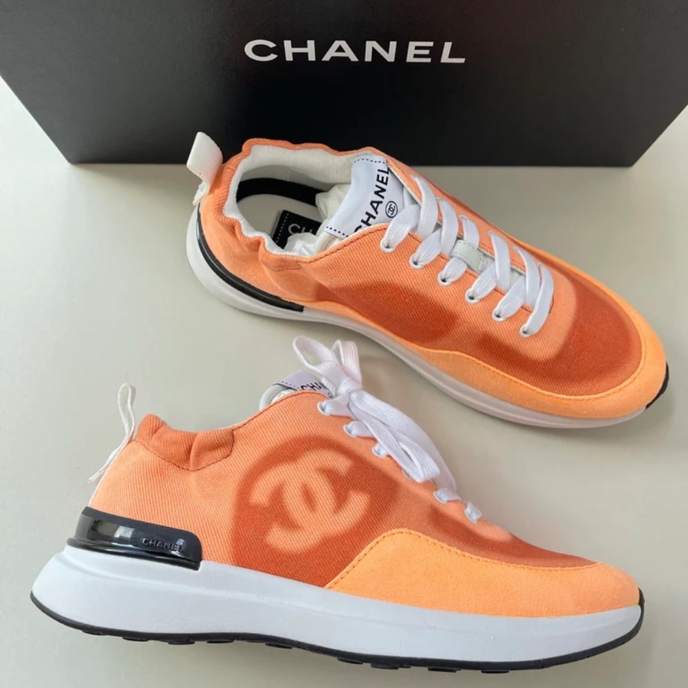 Chanel Denim Suede Calfskin Neon Orange CC Logo Trainers Sneakers 36.5